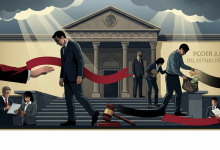Ilustración editorial de estilo sobrio que muestra a funcionarios saliendo cabizbajos de un edificio judicial mientras un mazo de madera golpea la base, simbolizando sanciones y destituciones en el Poder Judicial de Puebla