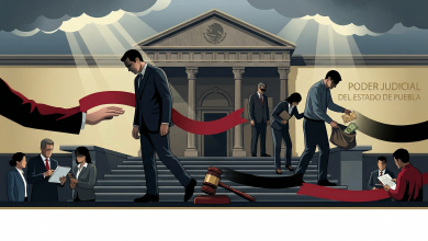 Ilustración editorial de estilo sobrio que muestra a funcionarios saliendo cabizbajos de un edificio judicial mientras un mazo de madera golpea la base, simbolizando sanciones y destituciones en el Poder Judicial de Puebla