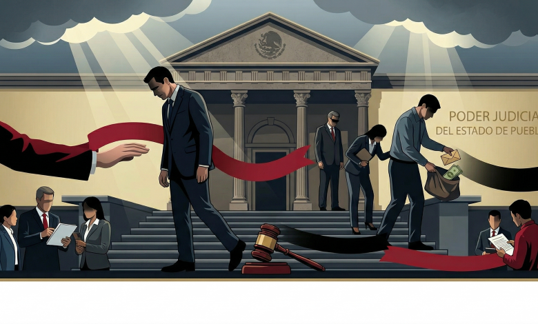 Ilustración editorial de estilo sobrio que muestra a funcionarios saliendo cabizbajos de un edificio judicial mientras un mazo de madera golpea la base, simbolizando sanciones y destituciones en el Poder Judicial de Puebla