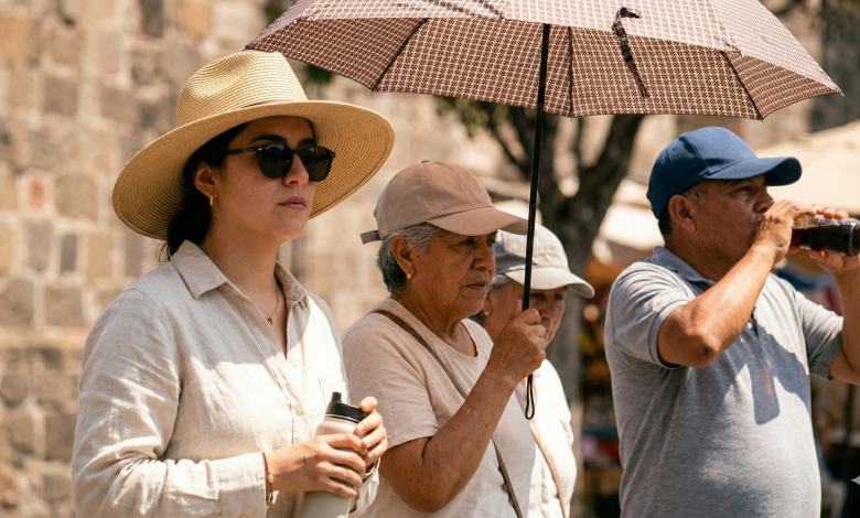 Personas caminando en una plaza soleada en Puebla, México, con sombreros, una sombrilla y botellas de agua, siguiendo las recomendaciones sanitarias contra el calor