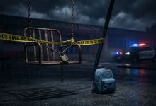 Un carrusel de feria antiguo y desgastado en un interior sombrío, rodeado por cintas amarillas de "Investigación en proceso" de la SEP Puebla.