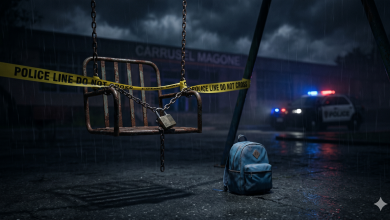 Un carrusel de feria antiguo y desgastado en un interior sombrío, rodeado por cintas amarillas de "Investigación en proceso" de la SEP Puebla.