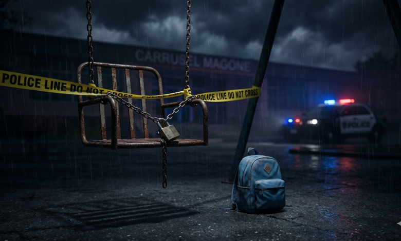 Un carrusel de feria antiguo y desgastado en un interior sombrío, rodeado por cintas amarillas de "Investigación en proceso" de la SEP Puebla.