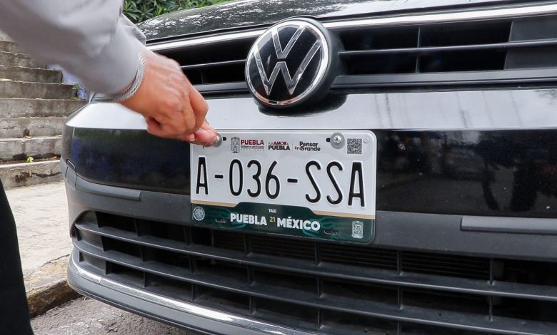 Manos ajustando con un destornillador una placa de matrícula oficial de transporte público en un vehículo.