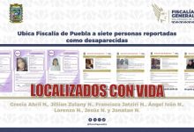 Cartel oficial de la Fiscalía de Puebla con siete boletines de búsqueda y la leyenda "Localizados con vida".