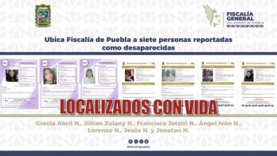 Cartel oficial de la Fiscalía de Puebla con siete boletines de búsqueda y la leyenda "Localizados con vida".