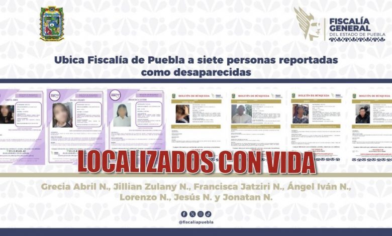 Cartel oficial de la Fiscalía de Puebla con siete boletines de búsqueda y la leyenda "Localizados con vida".
