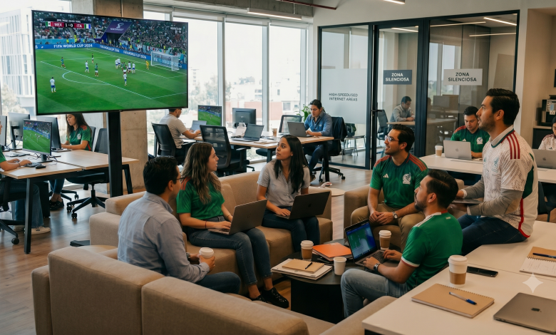 Trabajadores con camisetas de la selección mexicana siguen un partido del Mundial en una pantalla de oficina mientras trabajan con laptops.