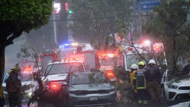 Elementos de Protección Civil y Rescate atienden árbol caído sobre vehículos durante lluvia intensa en Puebla